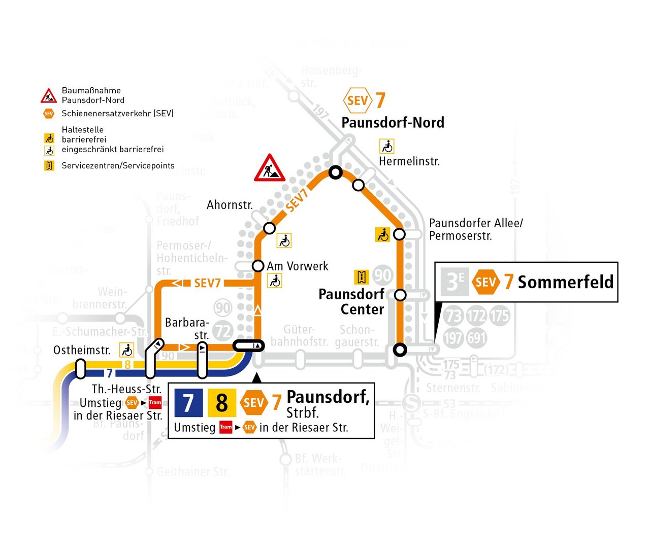 Die Karte zeigt den geänderten Linienverlauf für die Linien 7, 8 und den SEV 7