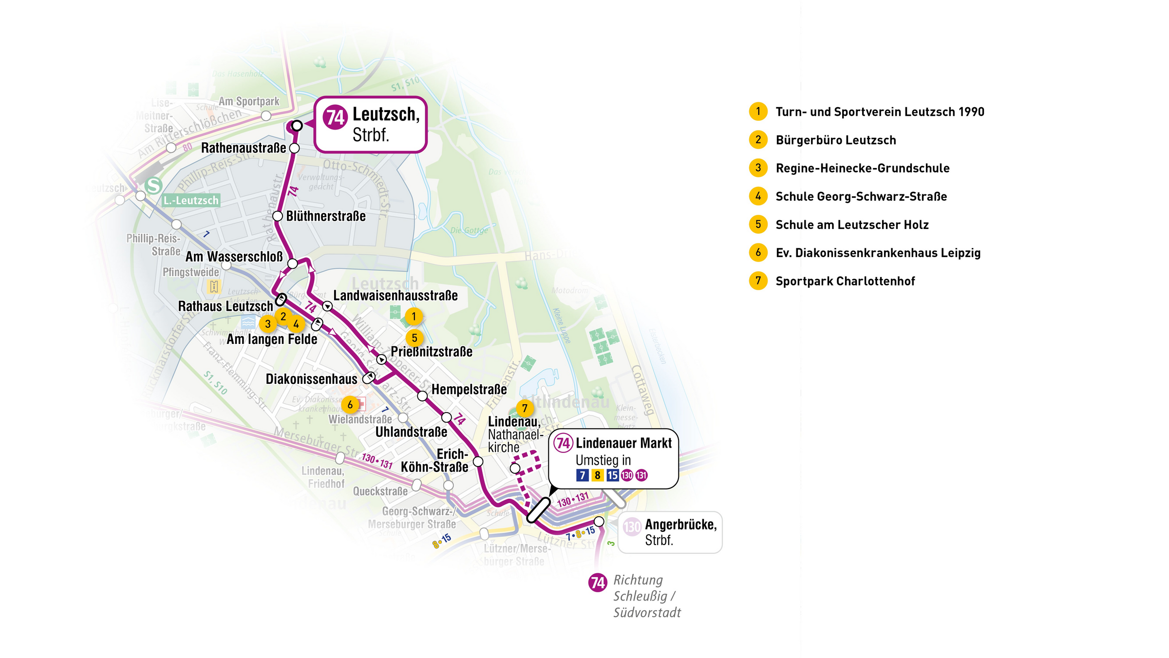 Liniennetzkarte, die den Streckenverlauf der Linie 74 der LVB zeigt