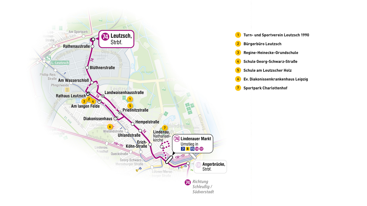 Liniennetzkarte, die den Streckenverlauf der Linie 74 der LVB zeigt