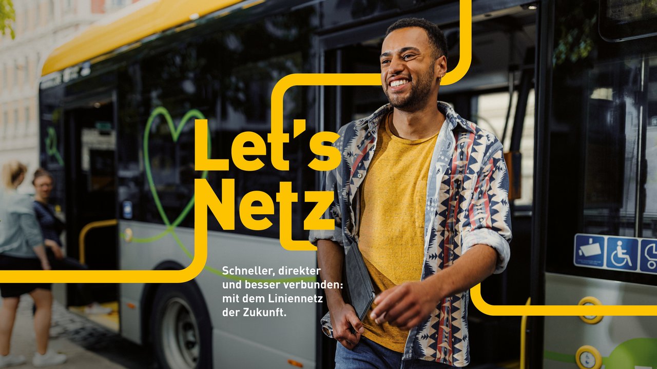 Ein Mann steigt aus einem Bus aus. Daneben steht "Let's Netz"